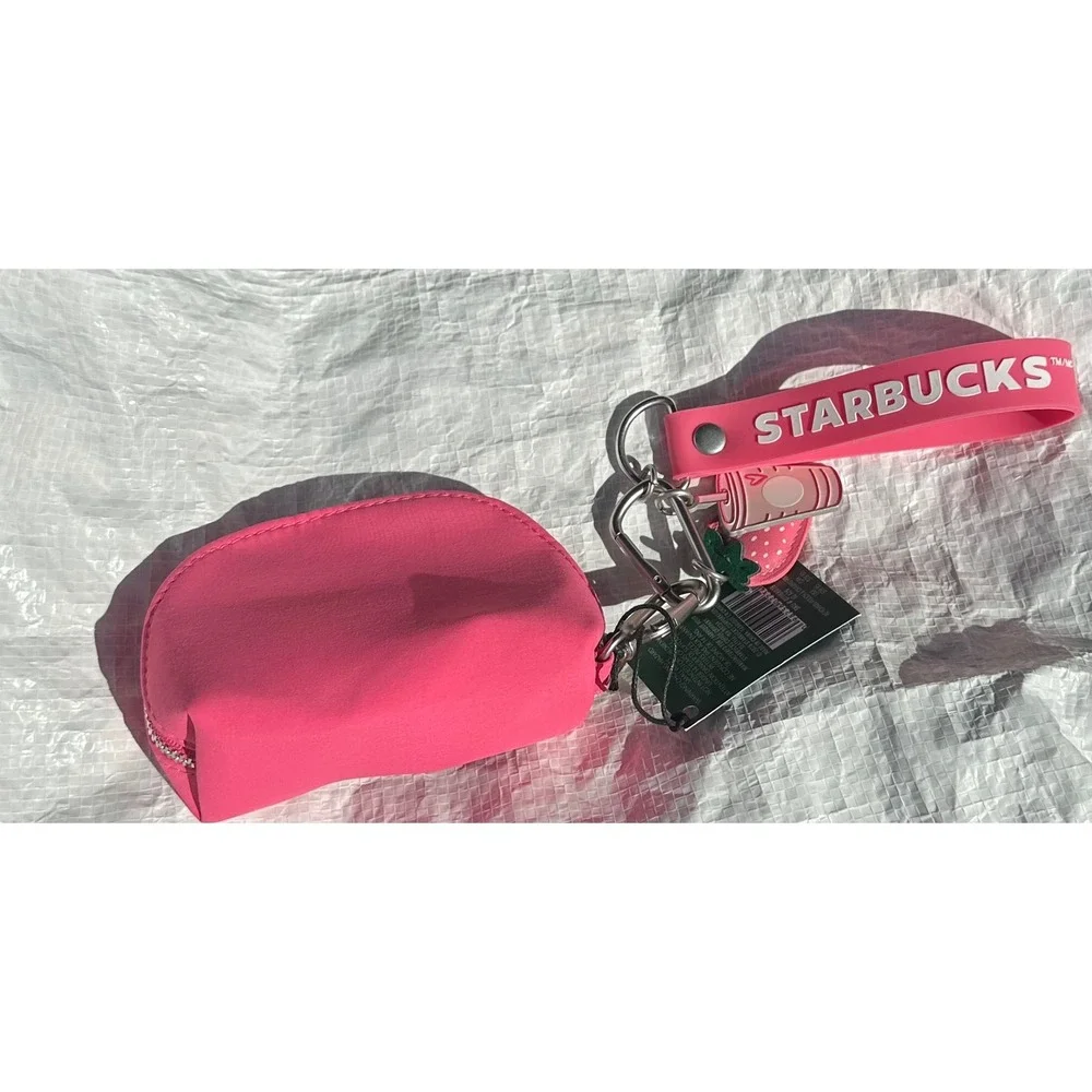 Starbucks Pouch Wristlet Keychain Pink Drink Strawberry Charm New 2026